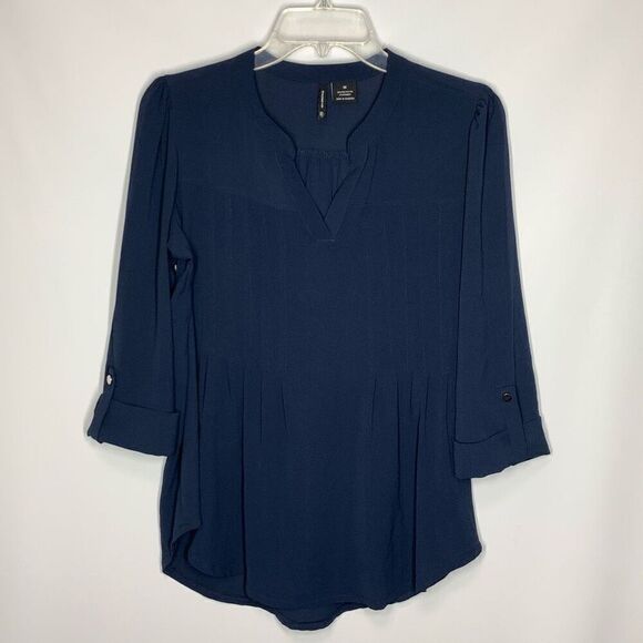 New Directions Women's Rolled Up Sleeve Split Neck Blouse Navy Blue Size Medium - Picture 1 of 6
